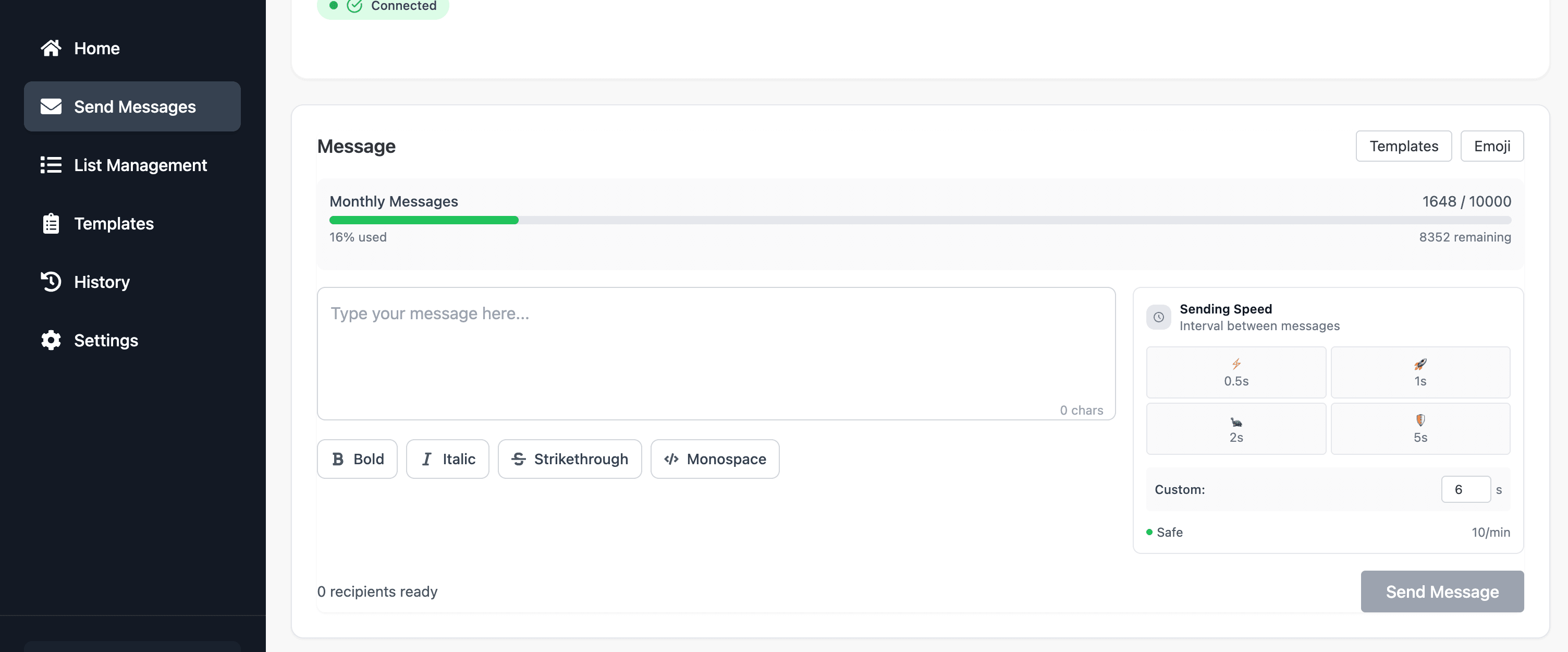 Messagely WhatsApp Bulk Messaging Platform Dashboard showing contact lists, message templates, and bulk messaging interface